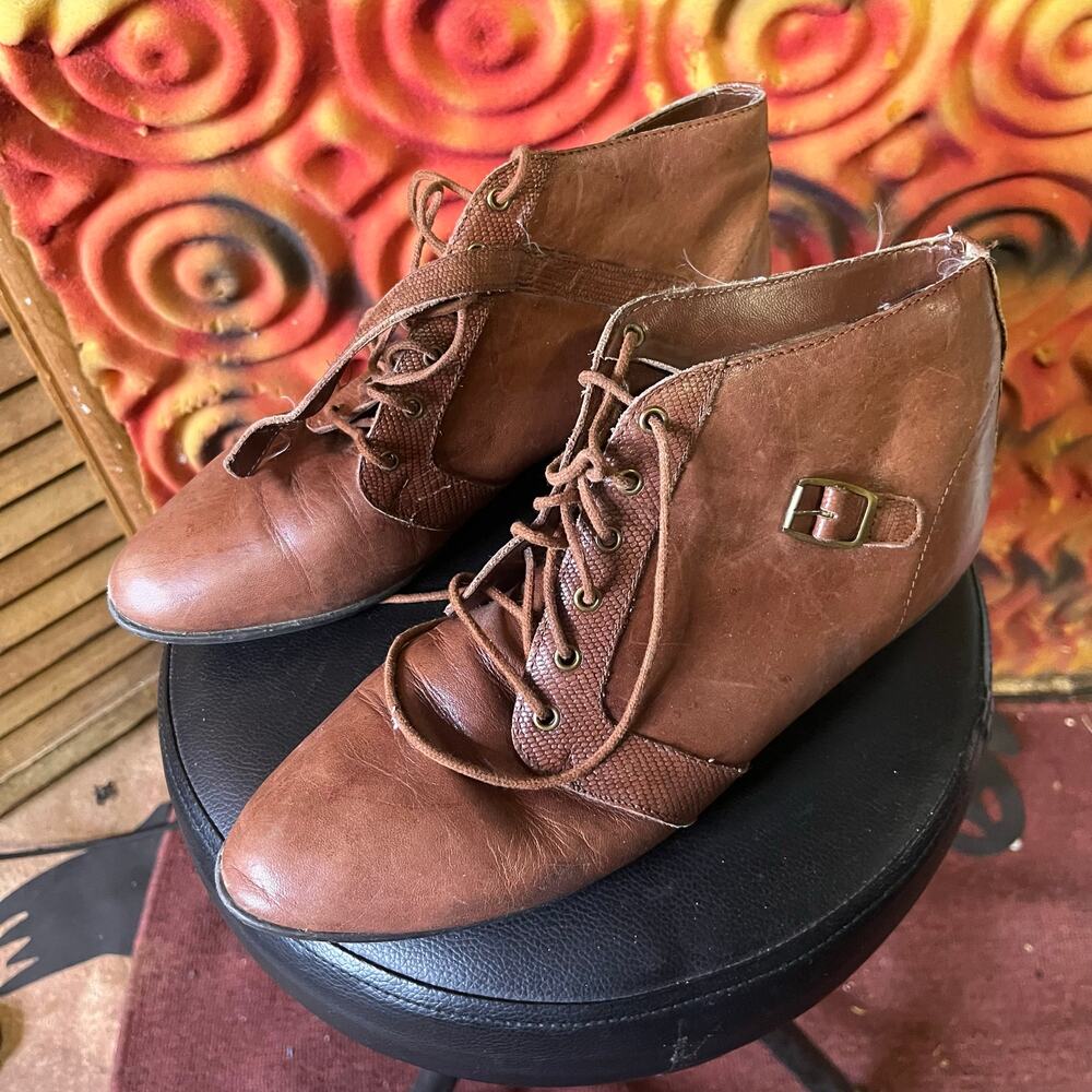 brown leather lace-up ankle boots booties 8.5 - Picture 2 of 4